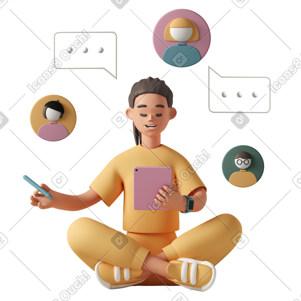 3D Casual life 스타일의 Girl chatting remotely with group of three people 일러스트레이션 PNG, SVG 다운로드