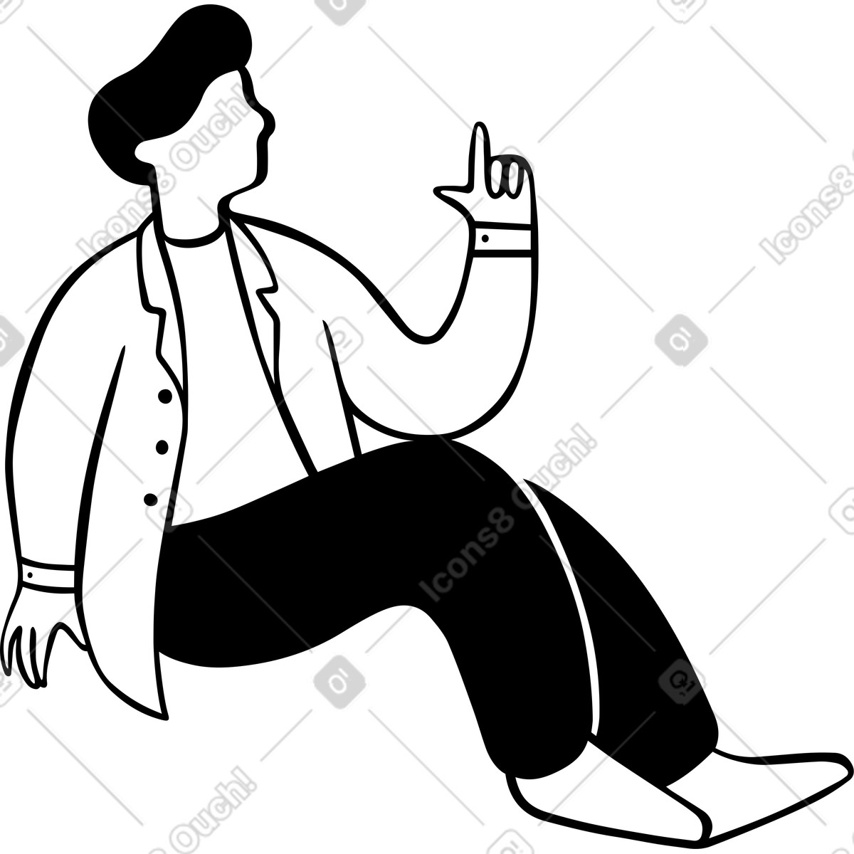 Seated man pointing up illustration in Journal style download in PNG, SVG