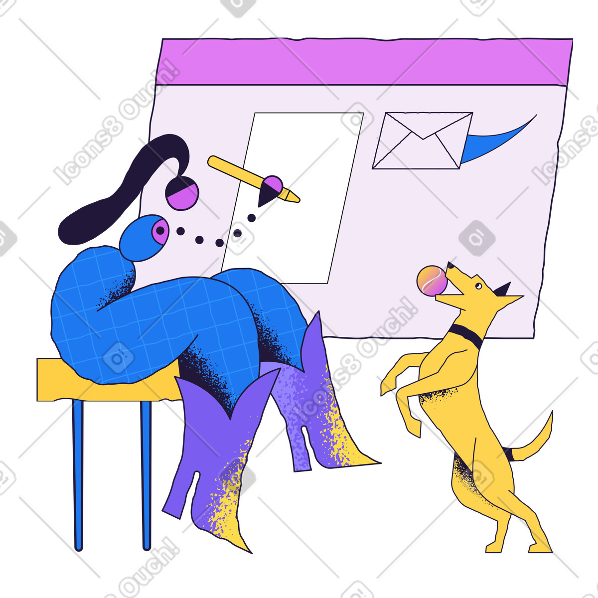 Ilustração de Work from home with playful dog, Remote routine em no estilo Conifer para baixar em PNG, SVG