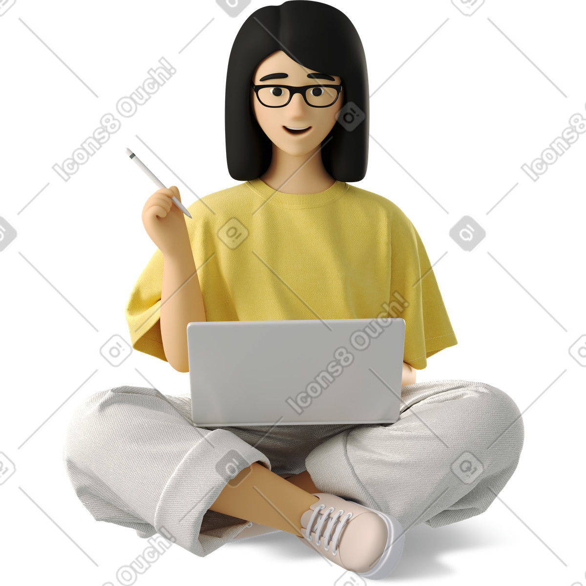 Ilustración Young woman sitting with laptop and stylus en estilo 3D Business a descargar en PNG y SVG