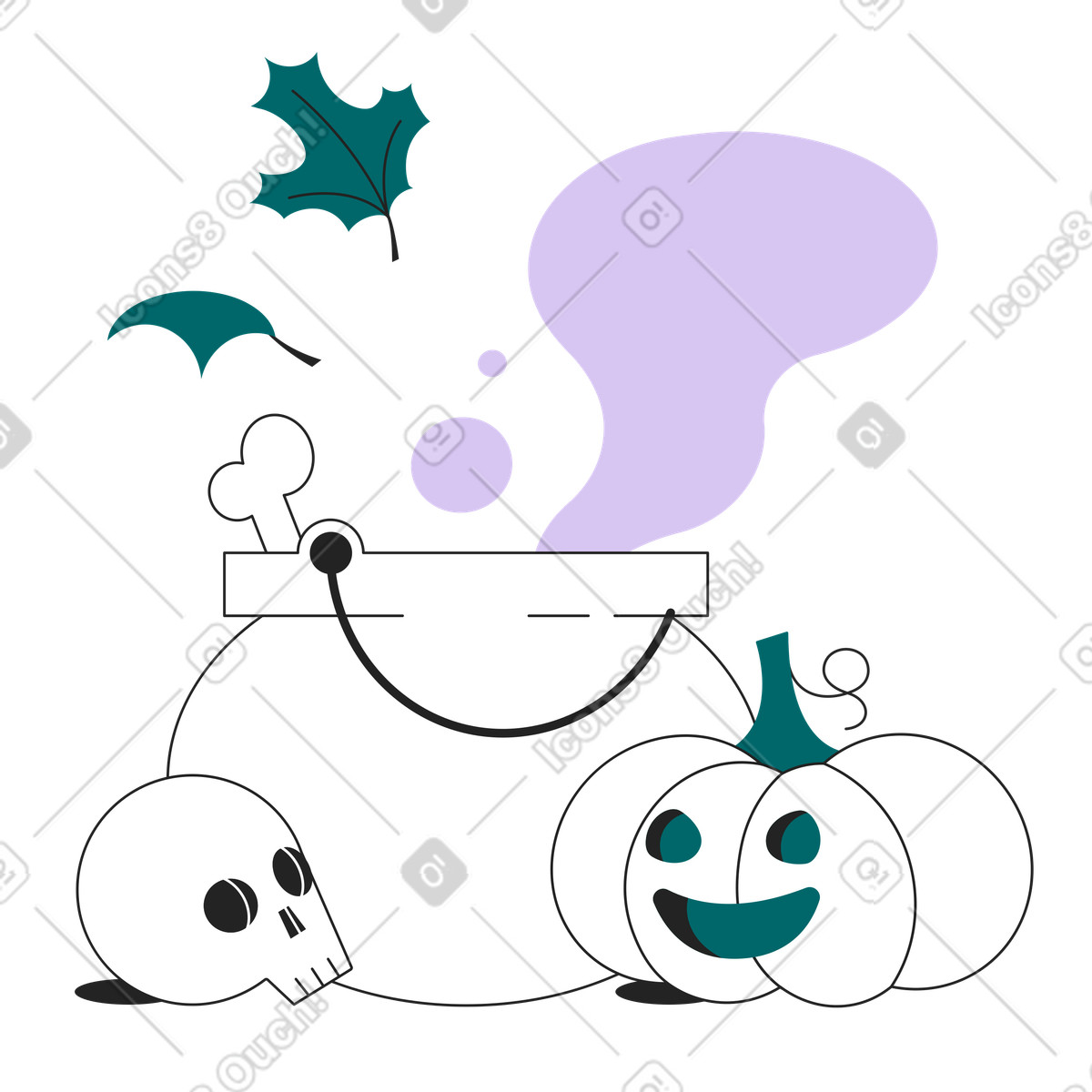 Ilustración Caldero con calavera y calabaza en estilo Sammy Line a descargar en PNG SVG