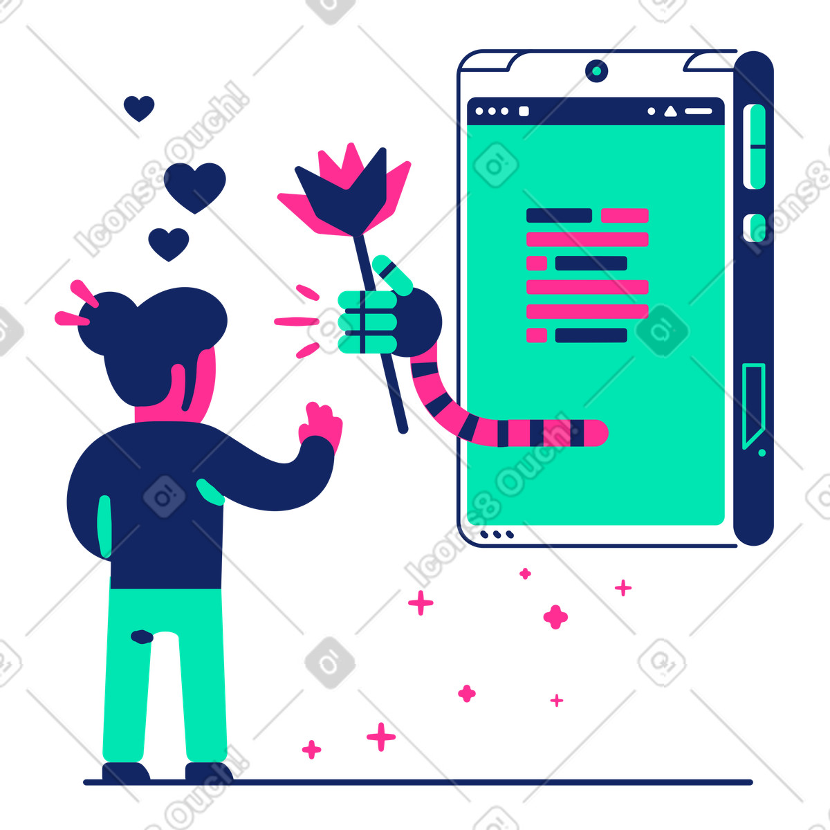 Amore virtuale tra una donna e uno smartphone illustrazione in stile Cyborg scarica in PNG, SVG