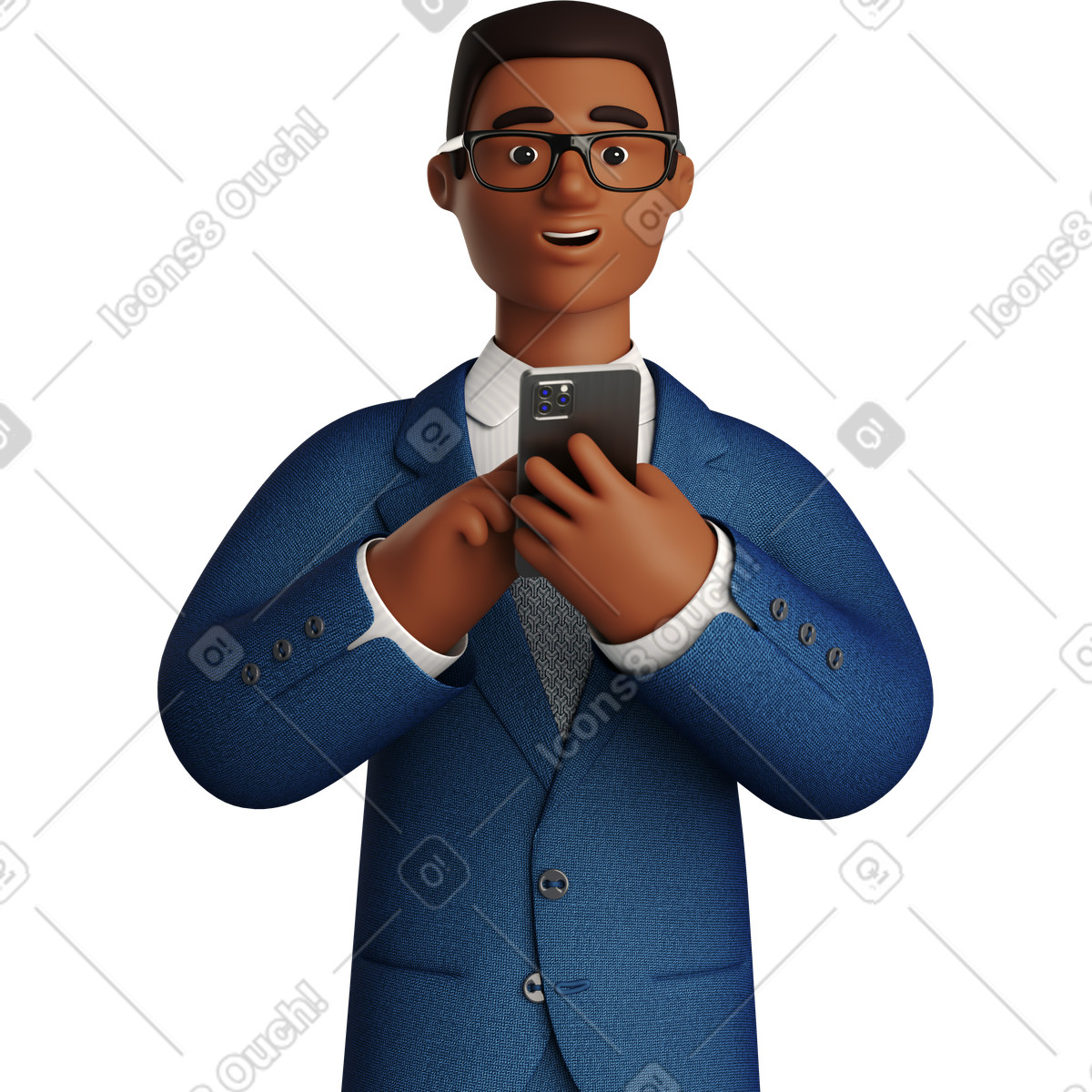Illustration Black businessman in blue suit with phone looking straight dans le style 3D Business à télécharger aux formats PNG, SVG