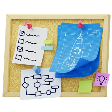 A corkboard with notes and blueprints - 3D Surfaced style illustration