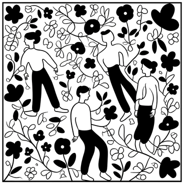 An intricate mosaic featuring various mythical figures surrounded by elaborate floral designs. The mythical figures are depicted in dynamic poses, showcasing their distinctive attributes and clothing. The floral designs interweave throughout the composition, with detailed petals and leaves that create a sense of harmony. The entire mosaic is framed with a geometric border that enhances the complexity of the scene.