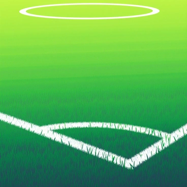 A close-up view of a vibrant green soccer field showcases its rich texture. The lush grass blades are closely packed, displaying varying shades of green. Bright white painted lines demarcate the playing areas, including the center circle and goal boxes. Small clumps of grass are slightly bent, indicating recent play. The surface is well-maintained, highlighting the distinct pattern of the grass and the crispness of the white lines against the green backdrop.