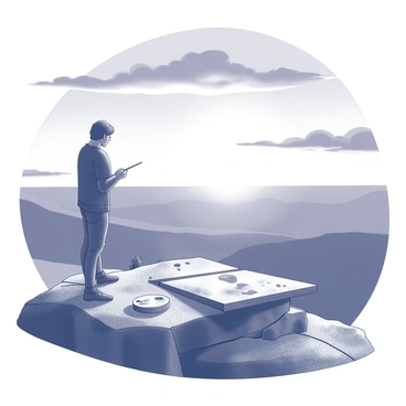 An artist stands at the edge of a plateau, holding a brush and gazing at the landscape. The artist is focused on a canvas set up in front, capturing the details of the sunset. The sky above is filled with layers, depicting the transition from day to night with clouds reflecting light. The rocky surface of the plateau extends outwards, and there are sparse shrubs dotting the area. The artist's palette rests on a nearby rock, showcasing various colors ready to be used.