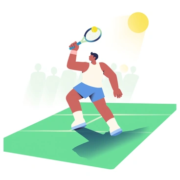 A tennis player is in mid-serve, with one arm raised and the racket poised to hit the ball. The player has short black hair and is wearing a white tank top and blue shorts. The court surface is a vibrant green, contrasting with the bright yellow tennis ball that is in the air. The shadow of the player is distinctly outlined on the court, elongated due to the bright sunlight. The sun is positioned high in the sky, casting sharp, defined shadows that highlight the motion of the player. In the background, there are faint outlines of a surrounding crowd, adding context to the scene.