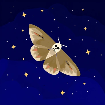 A "death's-head hawkmoth" with distinctive skull-like markings on its back is soaring gracefully through a night sky. The sky is filled with numerous glittering "stars" that twinkle brightly against the deep blue backdrop. The "moth's" wings are fully extended, showcasing their intricate patterns and colors, while its body is in sharp focus as it navigates the serene night. The scene captures the essence of nocturnal beauty as the "moth" moves among the celestial bodies.