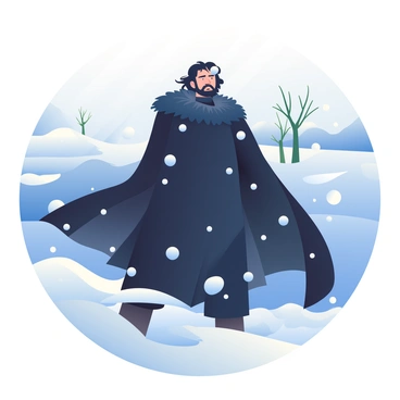 Jon Snow is standing boldly in the middle of a fierce winter storm. He has dark hair that is tousled by the strong winds. His face shows determination, with snowflakes landing on his cheeks and beard. He wears a long black cloak that is whipping dramatically around him as he faces the blustering snow and icy winds. In the background, swirling snow obscures the distant icy landscape, and a few bare trees stand stark against the whiteout conditions. The atmosphere is charged with the raw power of the storm as visibility is low and everything is blanketed in a thick layer of snow.