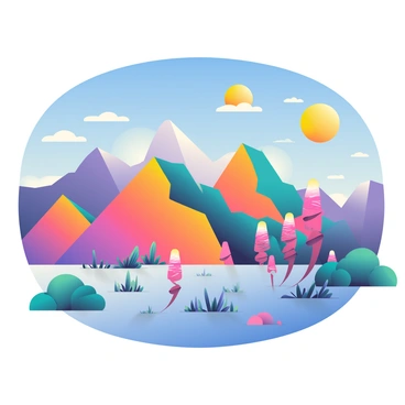 A stunning alien planet features mountains in vibrant colors, showcasing shades of purple, orange, and teal. The peaks have a jagged appearance, contrasting against the bright blue sky. Strange vegetation grows across the landscape, with tall, spiraling plants in vivid pink and green hues. Some plants have luminescent flowers that emit a soft glow. Above, two suns shine brightly, casting warm light across the scene and creating long shadows on the ground. The atmosphere is filled with light wisps of clouds, adding depth to the sky.