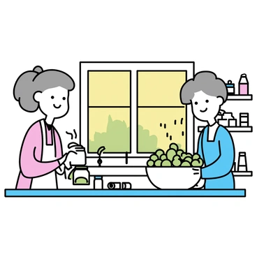 An elderly couple is standing in a cozy kitchen filled with warm light. The man, with gray hair and glasses, is wearing a plaid shirt and is carefully filling a glass jar with sliced cucumbers. The woman, with silver hair tied back in a bun, is wearing an apron and is holding a large bowl filled with cucumbers. On the counter, there are several jars lined up, some already sealed. A window above the sink shows a view of greenery outside, and shelves on the walls are filled with cooking utensils and spices. The couple is smiling as they work together.
