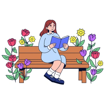 A woman with long brown hair is sitting on a wooden garden bench. She is wearing a light blue dress and holding an open book in her hands. Surrounding her are various blooming flowers, including red roses, yellow daisies, and purple tulips. The flowers are vibrant and fill the space around the bench, creating a lively atmosphere.