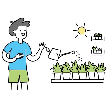 A neighbor, wearing a blue t-shirt and green shorts, is standing on their balcony. They are holding a watering can with a long spout, pouring water onto a row of vibrant green potted plants. The neighbor is smiling and waving "hello" with their free hand. Sunlight filters through, casting a warm glow on the scene. The background features a simplistic outline of a few neighboring balconies with plants.