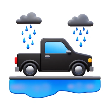A black truck parked at a curb. The rainstorm is visible with heavy rain falling. Raindrops are splattering on the truck's hood, creating ripples. Puddles form on the road beside the truck, reflecting the truck's silhouette. Dark clouds are present in the sky, enhancing the stormy atmosphere.