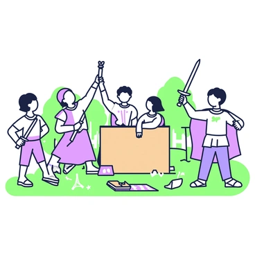 A group of four kids is performing a play in a backyard setting. Two of the children are holding makeshift swords crafted from cardboard, while another child is wearing a colorful cape made from a bed sheet. The fourth child stands behind a small cardboard stage that is painted with a simple backdrop design. In the background, there are trees and a small fence, while a few scattered toys and a picnic blanket are placed on the grass. The kids are animatedly expressing their characters, with one child striking a dramatic pose.