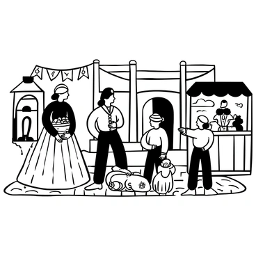 A group of characters dressed in elaborate period costumes stands in a bustling marketplace. One character, a woman in a long flowing gown with intricate lace details, holds a basket filled with fruit. Next to her, a man in a tailored coat and waistcoat gestures animatedly while discussing with a vendor behind a wooden stall, displaying various goods. Another figure, a child in a simple tunic, clutches a toy carved from wood and watches the adults with curiosity. Cobblestone paths wind through the scene, leading to a backdrop of period architecture and decorative banners fluttering in the breeze.