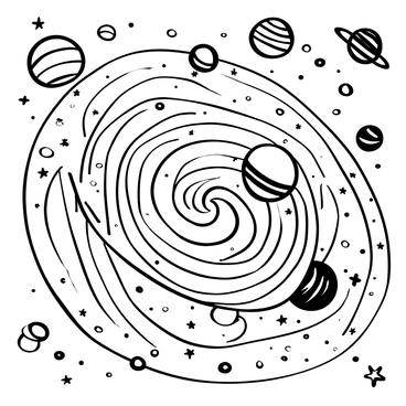 A swirling galaxy scene in line art with stars and planets