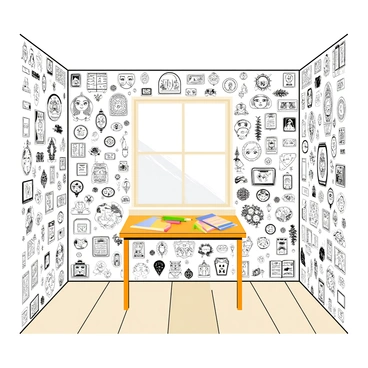 A room with walls that are completely covered in black and white sketches, showcasing a variety of intricate designs and illustrations. The sketches range from detailed portraits to whimsical cartoons, filling every inch from the ceiling to the floor. In the center of the room, there is a wooden table with a few art supplies scattered around, including pencils and sketchbooks. The floor is a light wooden finish, contrasting with the dark, busy walls. There is a single window allowing soft light to filter in, casting gentle shadows over the sketches.
