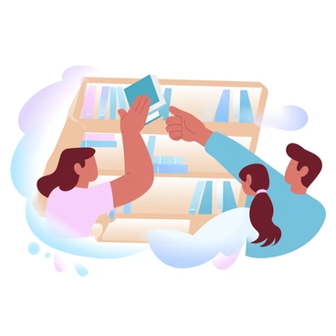 A student with short hair is pulling a book off a wooden bookshelf. The book has a colorful cover and is partially out of the shelf. Another student, with long hair tied back, is reaching for the same book, extending their hand towards it. The background features several other books neatly arranged on the shelf, and there are hints of a cozy and scholarly environment.