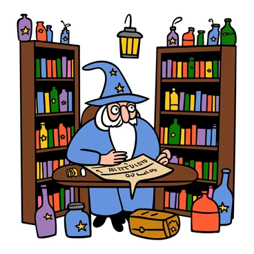 A wise wizard with a long white beard and a pointed hat is sitting at a wooden table in a cozy library. He is intently studying ancient scrolls spread out before him. The library is filled with tall bookshelves overflowing with colorful potion bottles, some glowing slightly. There is a warm, golden light coming from a lantern hanging above, casting soft shadows around the room. The wizard is wearing a deep blue robe adorned with silver stars and is surrounded by various magical artifacts.