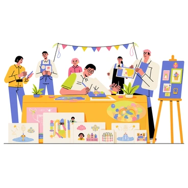 An illustration expert with glasses is seated at a wooden table covered with colorful artwork. The expert is examining a vibrant painting on the table, holding a pencil and making notes. Surrounding the table are several creative entries, including drawings, sculptures, and mixed media pieces, showcasing a variety of styles. In the background, a banner reads "Art Competition" with decorations like balloons and streamers. Other judges are seen discussing nearby, and attendees are looking at the artwork displayed on easels around the room.