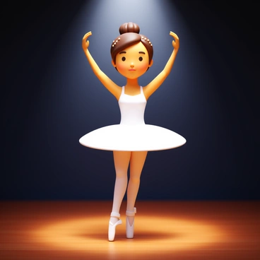 A ballerina in a white tutu standing gracefully on a wooden stage. She has her arms elegantly raised and her toes pointed, showcasing her readiness to begin. Soft stage lights illuminate her figure, highlighting the delicate features of her face and the intricate details of her costume. The background is dark, emphasizing her presence as the focal point of the scene. Her hair is styled in a neat bun, adorned with small embellishments.