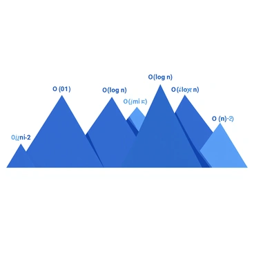 A blue mountain range spans across the image, featuring steep peaks and deep valleys. Each peak is labeled with a different algorithmic complexity, starting from "O(1)" at the highest peak. The next peak, slightly lower, is labeled "O(log n)", followed by "O(n)" at a mid-height peak. Further down, the peak labeled "O(n log n)" is adjacent to a lower peak labeled "O(n^2)". The labels are bold and clearly displayed on each respective peak, using a contrasting color, with a clear sky above the mountains.
