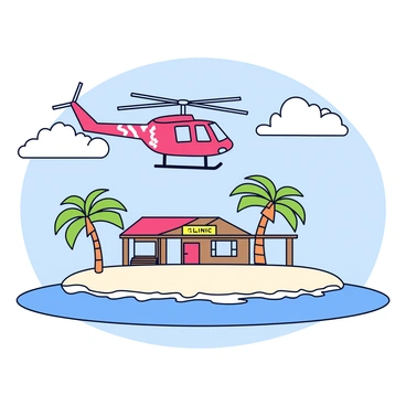 A medical helicopter with a bright red and white design is descending towards a small tropical island. The island features soft, white sandy beaches that gently meet the turquoise waters. In the foreground, there is a small beachside clinic constructed with wooden beams and large windows, surrounded by green palm trees. The clinic has a bright sign that reads "Clinic" in bold letters above the entrance. The sky is clear with a few fluffy white clouds, providing a vibrant backdrop for the scene.