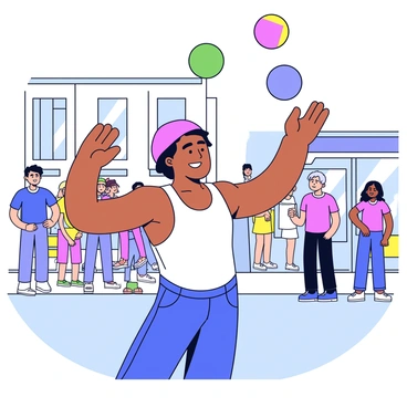 A street performer is juggling three colorful balls in an urban setting. The performer has muscular arms prominently displayed, showcasing the strength and motion as they toss the balls into the air. The performer wears a fitted tank top that accentuates their physique. A small crowd is gathered nearby, watching intently. The scene has a vibrant atmosphere with sunlight casting shadows on the pavement.