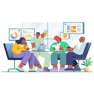 A diverse team of four professionals is gathered around a sleek glass conference table in a modern office. Two men and two women are engaged in a discussion, analyzing consumer feedback data displayed on multiple digital screens mounted on the walls. One woman with long black hair is seated with a laptop open in front of her, while a man with short brown hair is standing next to her, pointing at a colorful chart on the screen. The other woman, with curly red hair, is taking notes on a tablet, and the man with glasses is reviewing printed reports. The office has large windows allowing natural light to stream in, illuminating the space filled with contemporary furniture and greenery.