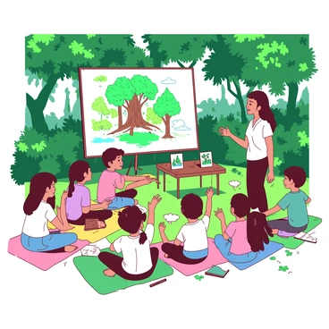 A group of children is gathered in an outdoor classroom surrounded by lush green trees. They are sitting on colorful mats and listening attentively to an instructor standing in front of a large, illustrated poster that depicts the effects of deforestation. Some children are raising their hands, eager to ask questions. A few have notebooks open, writing down important notes. In the background, a small wooden table holds various props such as tree samples and pictures of animals affected by deforestation. The sunlight is filtering through the leaves, creating dappled patterns on the ground.