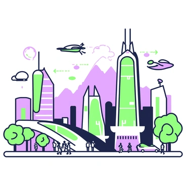 A frontispiece depicting a futuristic cityscape with towering skyscrapers. The skyline is filled with a variety of skyscrapers, each with unique shapes and designs, some featuring curved edges and others with angular structures. The buildings have expansive glass panels reflecting light. In the foreground, there is a busy street with people walking, and futuristic vehicles are hovering above the ground. Above the city, there are flying drones and bright lights illuminating the scene, creating a vibrant atmosphere. In the background, a mountain range is faintly visible, providing a contrast to the urban landscape.