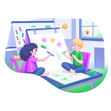 A bright classroom filled with colorful art supplies and tools. In the center, two children are sitting cross-legged on the floor, focused on a large piece of white paper spread out in front of them. One child is a girl with curly hair, holding a blue crayon, while the other child is a boy with short blonde hair, using a green marker. They are exchanging doodles; the paper features drawings of stars, flowers, and whimsical creatures. The walls of the classroom are adorned with various art projects, and a window lets in soft light, adding a warm atmosphere to the scene.