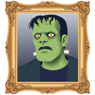 A detailed portrait of "Frankenstein's monster" is displayed within an ornate golden frame. The monster has green skin and deep-set yellow eyes, which are filled with a mix of sorrow and rage. His forehead is prominent, and he has thick black hair that is slightly unkempt. The background features subtle shades of dark gray and deep blue, enhancing the overall intensity of the portrait. The ornate golden frame is intricately carved with floral patterns and swirls, adding to the dramatic effect of the image. The size of the frame is large, emphasizing the presence of the monster within the artwork.