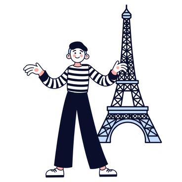 A mime dressed in classic black and white attire stands gracefully in front of the Eiffel Tower. The mime wears a black beret, white face paint with exaggerated expressions, and a striped shirt with black pants. Their arms are extended in a theatrical pose, conveying an invisible box. The Eiffel Tower looms in the background, with its intricate iron lattice structure prominently displayed against a clear blue sky.