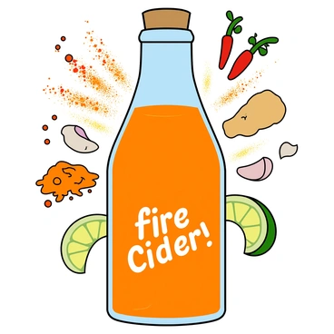 A tall glass bottle labeled "fire cider" is placed at the center of the image. The bottle is filled with a vibrant orange liquid, with a cork stopper on top. Surrounding the bottle, there is a lively explosion of various spices and ingredients. Colorful spices like red chili flakes, turmeric powder, and green herbs are seen flying outward. Several fresh ingredients, including slices of ginger, garlic cloves, and lemon wedges, are bursting from the bottle's opening, creating a sense of motion. The background features a subtle wood texture, emphasizing the natural and homemade essence of the fire cider.