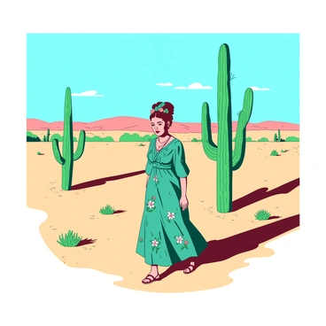 A teal Frida Kahlo is walking through a vast desert landscape. The ground is sandy and stretches into the distance under a bright blue sky. Large green cacti are scattered throughout the scene, casting long shadows on the ground. Frida is wearing a vibrant dress adorned with floral patterns and her hair is styled with traditional accessories. She has a contemplative expression as she strolls past the cacti, with the sun casting warm light on her figure.