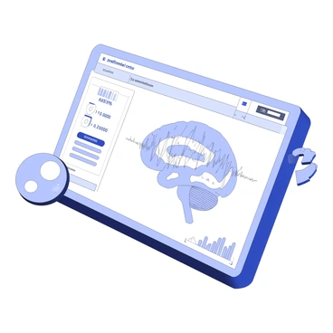 A digital screen displaying brain activity with emphasis on the prefrontal cortex region