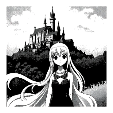 An anime character with long flowing hair is standing confidently in the foreground. The character has large expressive eyes and is wearing a detailed outfit that features various intricate designs. In the background, a grand, mystical castle towers majestically atop a hill. The castle has numerous spires and ornate architecture, suggesting an ancient and magical origin. The landscape around the hill is dotted with trees, creating a lush setting that enhances the character's presence. The sky above is filled with soft clouds, adding a dreamy atmosphere to the scene.