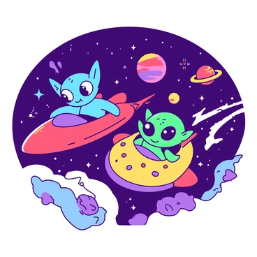 A vibrant scene depicts several cartoon aliens engaging in a thrilling space race through the stars. Each alien has unique colors and features, showcasing their diversity. One alien is bright blue with large eyes and antennae, piloting a sleek red spaceship that leaves a trail of sparkles. Another alien, colored in a vivid green, zooms by in a rounded yellow spacecraft adorned with stars. In the background, twinkling stars and colorful planets create a dynamic cosmic environment. Some asteroids float in the raceway, adding excitement as the aliens maneuver around them.