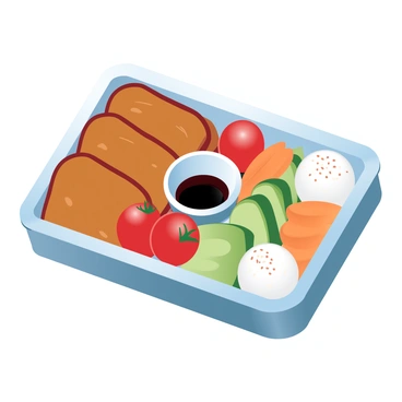 A creative bento box is displayed, featuring neatly arranged slices of "moo deng" on one side. The slices are golden-brown and glistening, showcasing their savory texture. Next to the meat are colorful sections of pickled vegetables, including bright orange carrots and vibrant green cucumbers, sliced neatly. There are small, round portions of rice shaped into perfect balls, dusted with sesame seeds. A small dish of soy sauce is placed in the center of the bento box, complementing the arrangement. A few cherry tomatoes add a pop of red to the setup, creating a visually appealing contrast. The overall composition highlights the balance of colors and textures in this beautifully curated meal.