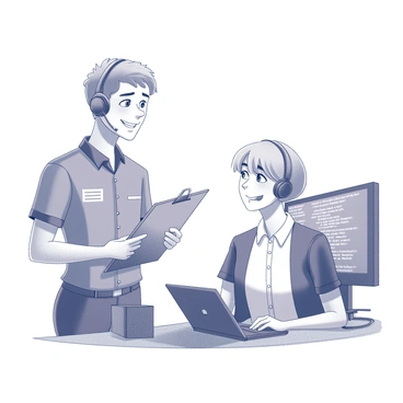 A character is dressed in a professional tech support uniform, complete with a company logo on the shirt. This individual has a headset on and is holding a clipboard and pen. They stand close to an unsuspecting victim, who appears confused and slightly apprehensive. The victim is sitting at a desk, surrounded by various computer equipment. The tech support person has a friendly expression, while the victim is looking up, unsure of what information to provide. The setting is an office space with a computer monitor displaying lines of code.