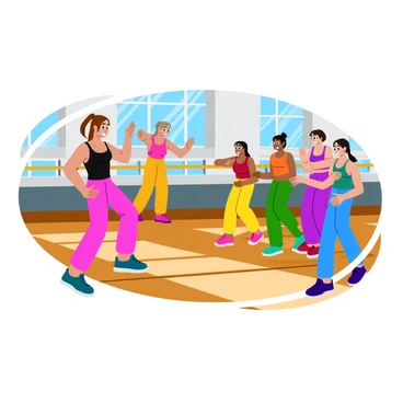 A dance instructor with long brown hair tied in a bun is demonstrating choreography to a group of young dancers in a bright, mirrored studio. The instructor wears a fitted black tank top and colorful leggings, showing energetic poses. The young dancers, a diverse group of four, are wearing comfortable dance outfits in various colors. They are focused and following the instructor's movements closely, with expressions of concentration and excitement. The studio has wooden floors and large mirrors reflecting the scene, and there are ballet bars along the walls. Sunlight streams through large windows, casting a warm glow over the activity.