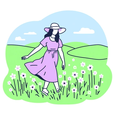A person is walking through a field filled with wildflowers. The field is expansive, dotted with various types of flowers swaying gently in the breeze. The person is wearing a light, flowing dress and wide-brimmed hat. They have long hair that cascades down their shoulders. In the background, there are rolling hills, and a clear blue sky stretches above. The sunlight casts soft shadows on the ground, creating a peaceful atmosphere. The flowers are positioned around the person, enhancing the beauty of the scene.