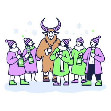 Krampus singing with a group of carolers holding traditional lanterns