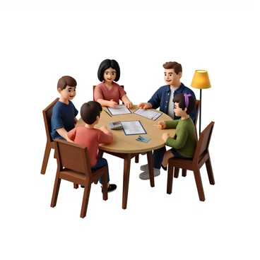 A family of four gathered around a wooden dining table. The father has short brown hair and is wearing a blue plaid shirt, while the mother has long black hair tied in a ponytail and is dressed in a green sweater. The two children, a boy and a girl, are sitting on either side of them. The boy has curly hair and is wearing a red t-shirt, and the girl has straight hair with a purple headband and is dressed in a pink dress. They are all focused on filling out a household budget ledger, which is open on the table. The table also has a calculator, a few pens, and scattered receipts. A warm light from a nearby lamp creates a cozy atmosphere around them.
