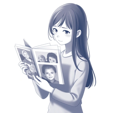 A girl is holding a stack of faded family photographs. She is standing in a softly lit room, with her head slightly tilted down as she examines the pictures. Her expression shows a mixture of love and sorrow, with her eyes reflecting deep emotion. The photographs are slightly crinkled, displaying images of joyful moments from the past. The girl's fingers gently touch the edges of the photos, and her hair falls softly around her shoulders. The background contains a subtle hint of home decor, emphasizing a nostalgic atmosphere.