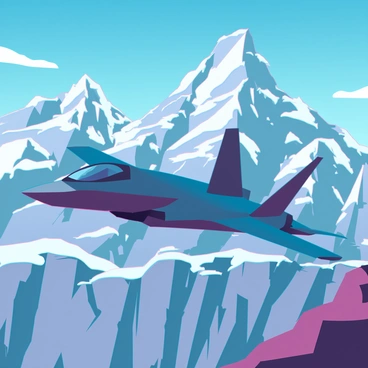 An F35 jet soaring at a low altitude above a rugged mountain range. The jet is sleek and modern, showcasing its angular design with a matte gray finish. The mountains below are tall and imposing, with jagged peaks partially covered in patches of snow and sharp cliffs. The sky is a brilliant blue with a few scattered clouds, casting shadows on the rocky terrain below. The scene captures the dynamic movement of the jet as it cuts through the air with precision, creating a sense of speed and power in the vast, natural landscape.