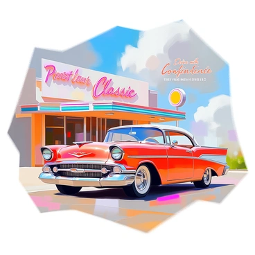 A 1950s style advertisement poster for vintage car insurance featuring a colorful classic car